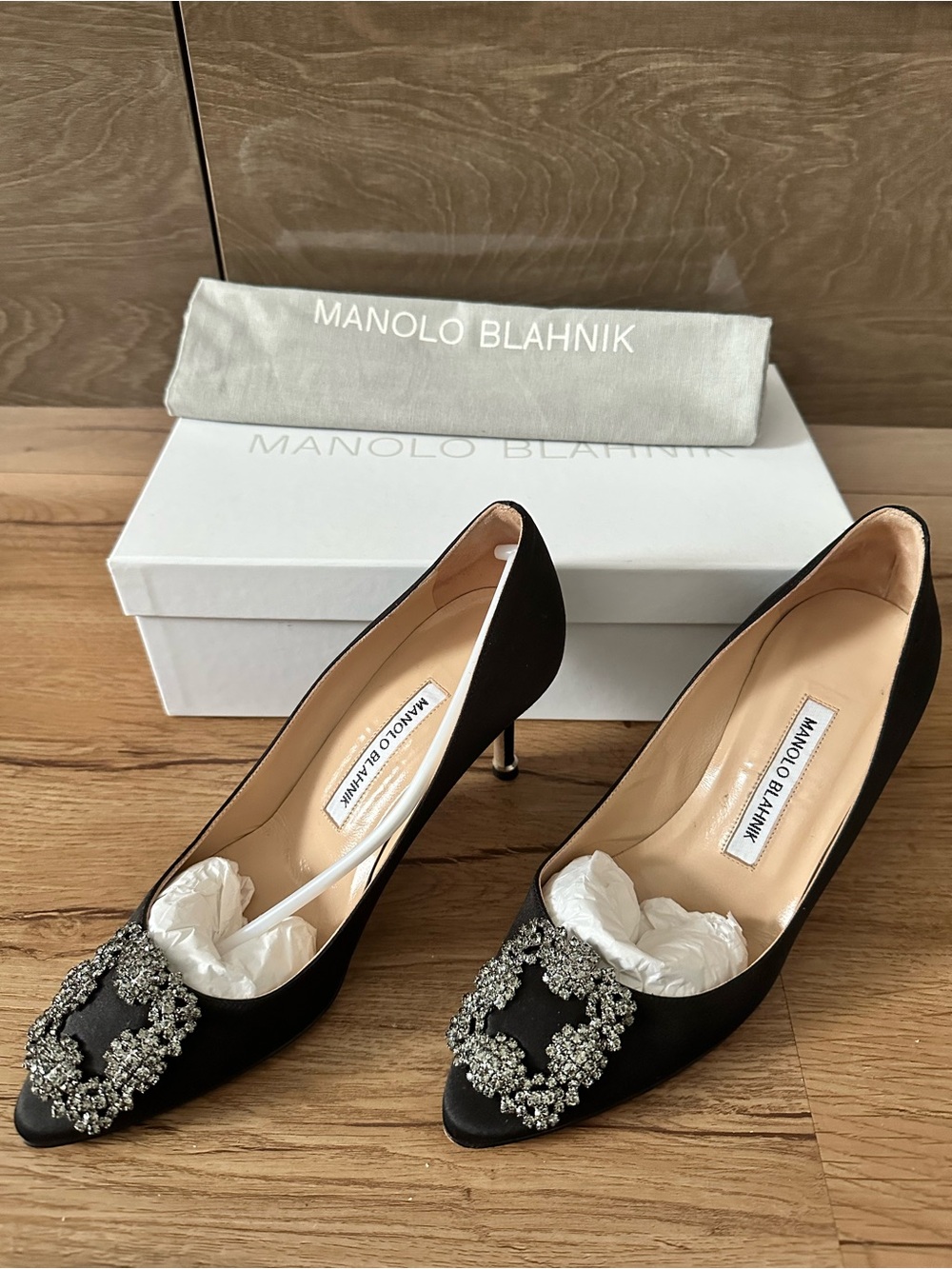Manolo Blahnik Black Satin Crystal-Buckle Pointed-Toe Pumps